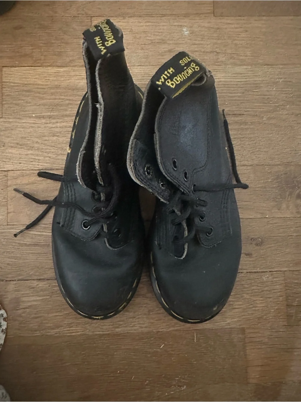 Dr. Martens Kids Black Lace-Up Leather Boots with Yellow Stitching